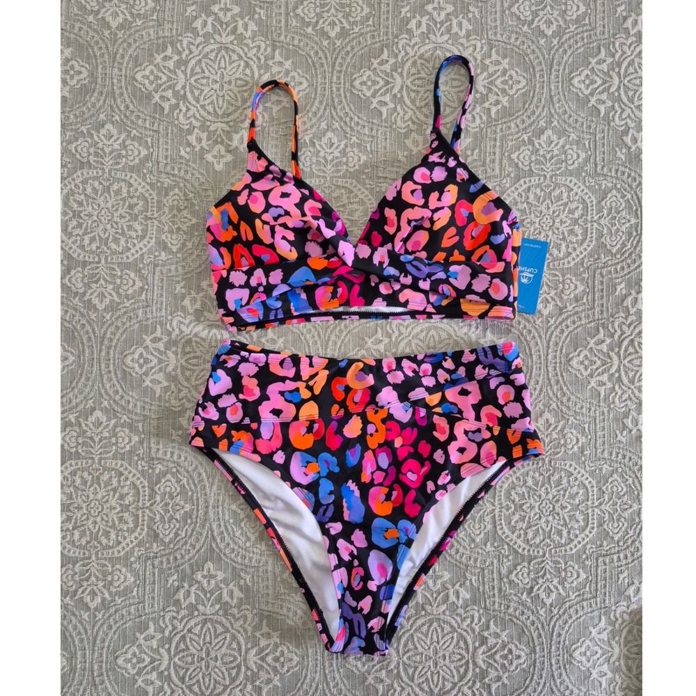 Cupshe Womens Neon Leopard Print Twist Front High Waisted Bikini Set New M